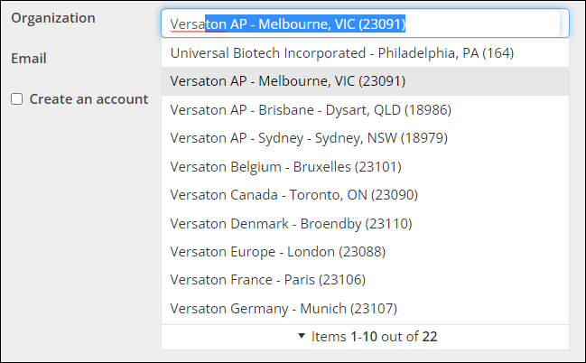 Organization drop-down list.
